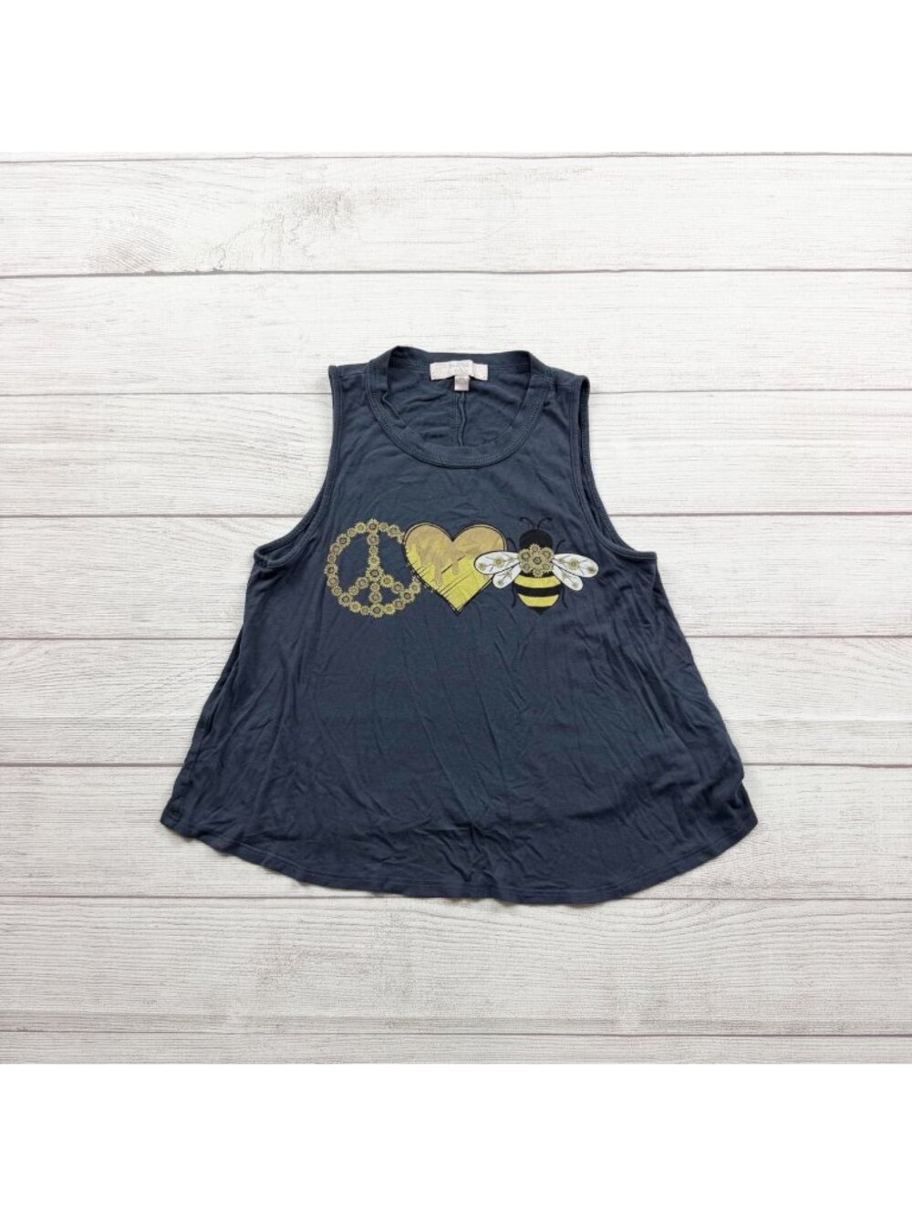 Moa Moa Girls Peace Love Bee Graphic Dark Gray Sleeveless Tank Top M